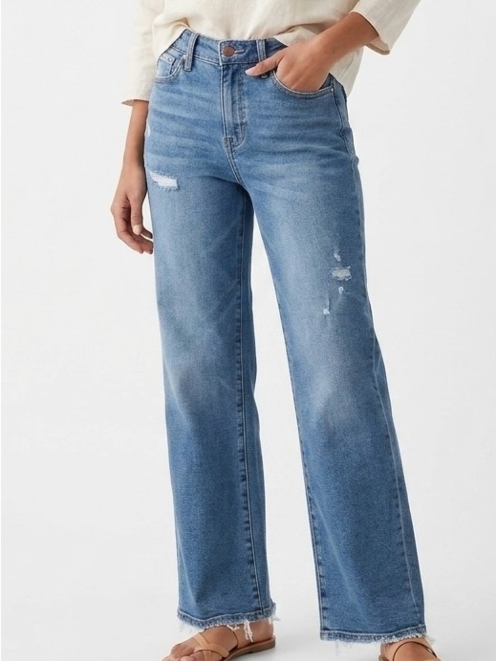 Altar'd State x Mica Super High Rise Wide Leg Distressed Jeans Boho Coastal 24